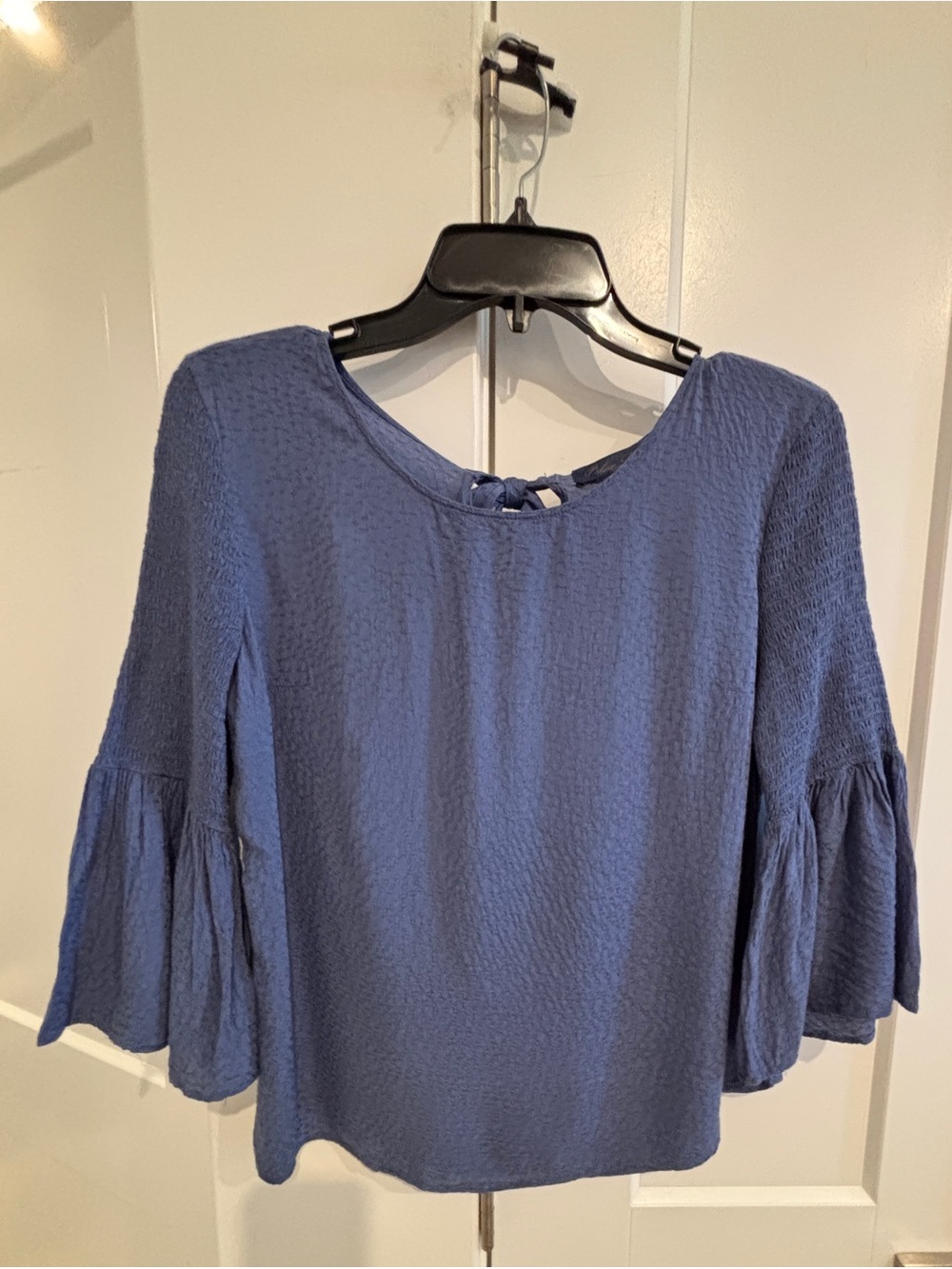 Blue Rain Blue Textured Bell-Sleeve Blouse with Back Tie. Size S